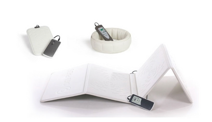 OMI PEMF package with OMI Mat, OMI Ring, and OMI PulsePad for electromagnetic therapy treatment.